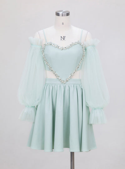 Mint Green Gauze Long Sleeve Short Slim Dress