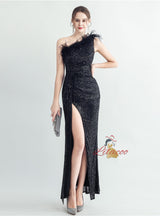 One Shoulder Sequins Split Prom Dress
