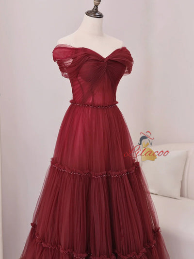 Burgundy Tulle Pleats Beading Off the Shoulder Prom Dress