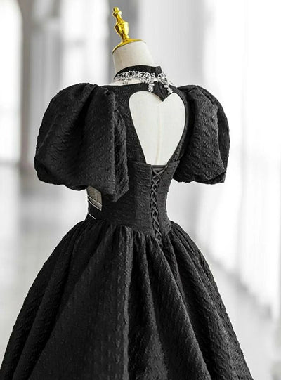 Black Square Puff Sleeve Beading Prom Dress