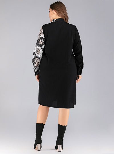 Retro Contrast Printing Stitching Lapel Shirt Dress