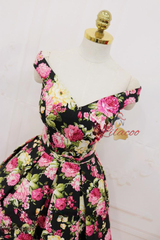 Black Satin Print Off the Shoulder Homecoming Dress