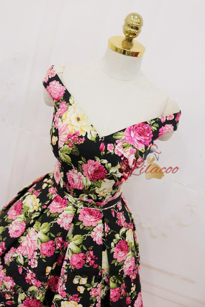 Black Satin Print Off the Shoulder Homecoming Dress