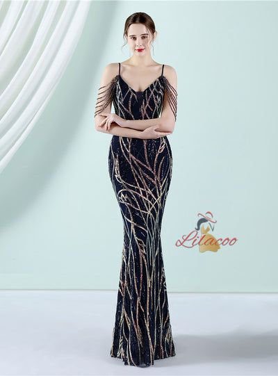Sling Sequins Beading Long Slim Dress