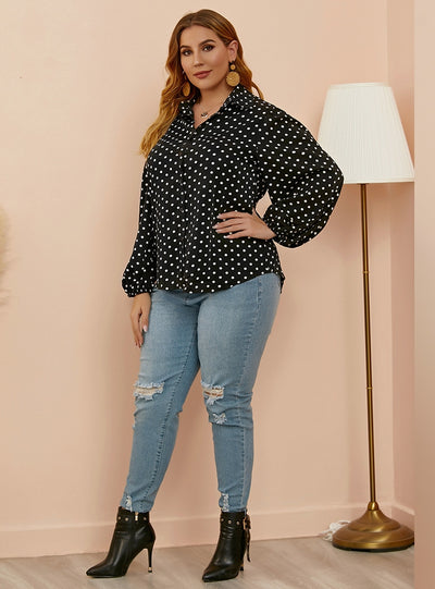 Large Size Loose Lantern Sleeve Polka Dot Shirt