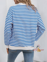 Long Sleeve Striped Loose Polo Neck Top
