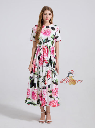 Printed Long Short-sleeved Dress