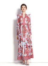 V-neck Retro Palace Style Long Sleeve Printed Dress