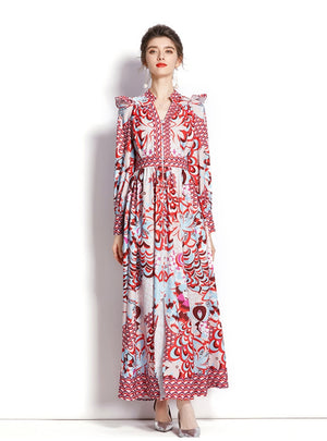 V-neck Retro Palace Style Long Sleeve Printed Dress