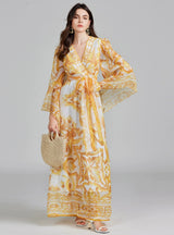 Horn Long Sleeve Print V-neck Dress