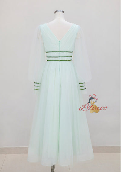 Sexy V-neck Gauze Lantern Sleeve Dress