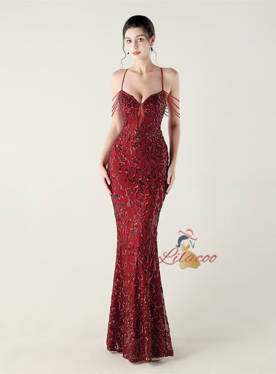 Mermaid Sequins Spaghetti Straps Beading Prom Dress