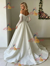 White Long Sleeve Lace Off the Shoulder Wedding Dress