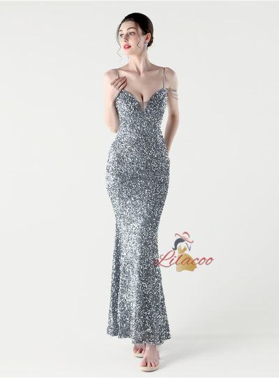 Mermaid Sequins Spaghetti Straps Beading Prom Dress