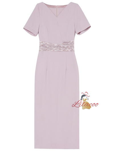 Pink V-neck Beading Pleats Mother of the Bride Dress