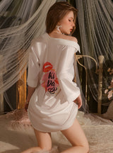 Lapel Lip Printed Short Sleeve Shirt Satin Nightgown