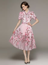 Printed Short-sleeved Pleated Dress