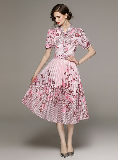 Printed Short-sleeved Pleated Dress