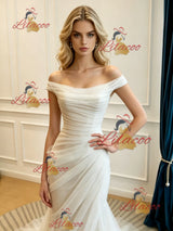 White Mermaid Tulle Off the Shoulder Split Wedding Dress