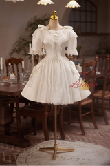 White Satin Lace Short Sleeve Wedding Dress