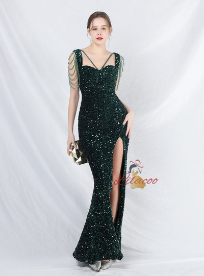 Straps Sequins Beading Split Prom Dress