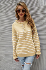 Button Wood Ear Striped Stitching Sweater