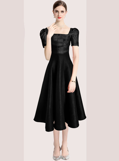 Solid Color Pleated Slim Square Collar Dress