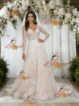 Champagne Lace Long Sleeve V-neck Wedding Dress