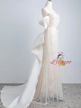 Beige White Mermaid Sequins Pearls Prom Dress