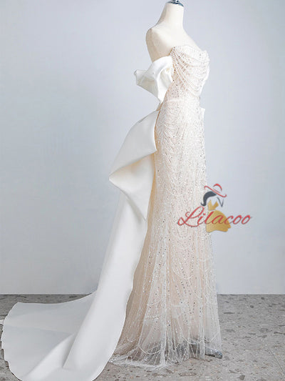 Beige White Mermaid Sequins Pearls Prom Dress