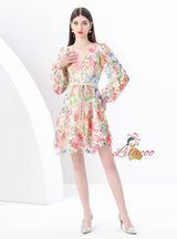 Retro V-neck Button-down Printed Short Dress