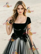 Black Tulle Square Neck Cap Sleeve Wedding Dress
