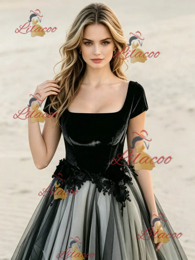 Black Tulle Square Neck Cap Sleeve Wedding Dress