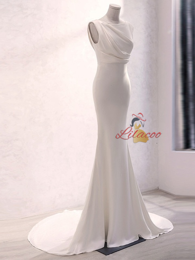 White Pleats Mermaid Backless Wedding Dress