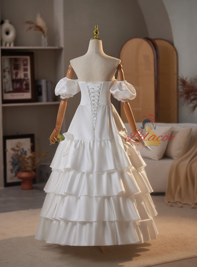 White Satin Strapless Puff Sleeve Wedding Dress