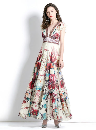 Retro Deep V-neck Printed Long Dress