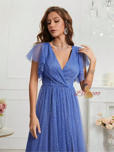 Blue Tulle V-neck Split Prom Dress