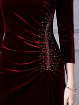 Burgundy Velvet Pleats Mother Of The Bride Dress