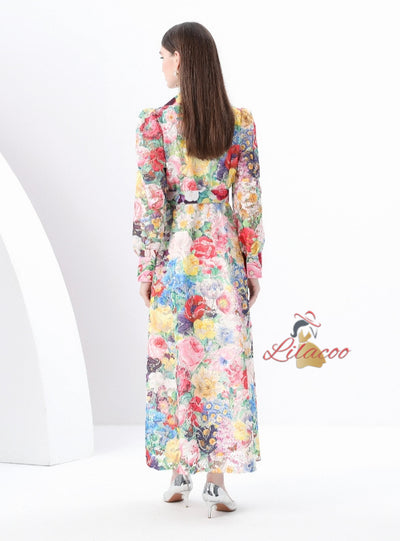 Long Sleeve Lace Floral Print Long Dress