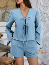 Solid Color Long Sleeve Top Short Pants Suit