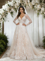 Champagne Lace Long Sleeve V-neck Wedding Dress