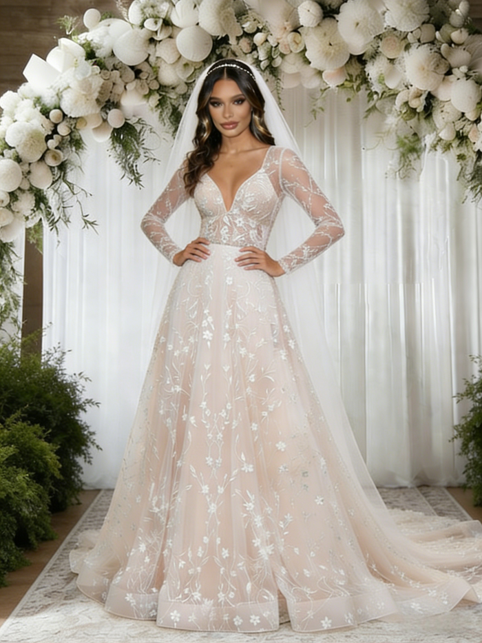 Champagne Lace Long Sleeve V-neck Wedding Dress