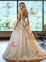 Ivory White Tulle Straps Appliques Wedding Dress