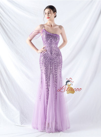 One Shoulder Sequins Beading Prom Dress