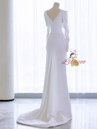 White Satin Long Sleeve Pleats Wedding Dress
