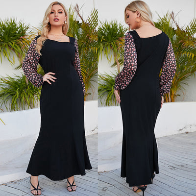 Square Neck Printed Long Sleeve Dress