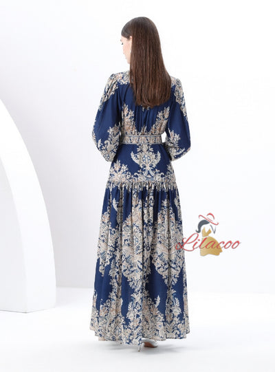 Retro Printed Lantern Sleeve Dress