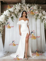 White Mermaid Off the Shoulder Puff Sleeve Wedding Dress