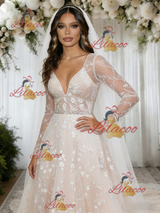 Champagne Lace Long Sleeve V-neck Wedding Dress