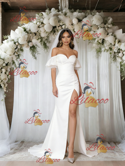 White Mermaid Off the Shoulder Puff Sleeve Wedding Dress